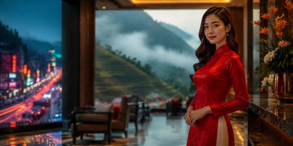 Phong bì đỏ may mắn và áo dài tại Sapa biểu tượng cho chương trình thưởng Tết